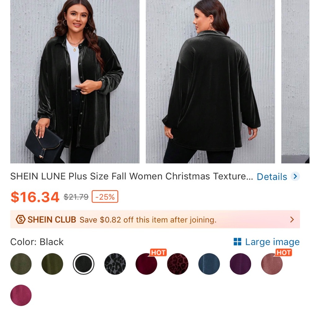 SHEIN LUNE Black Velvet Button-Up Shirt